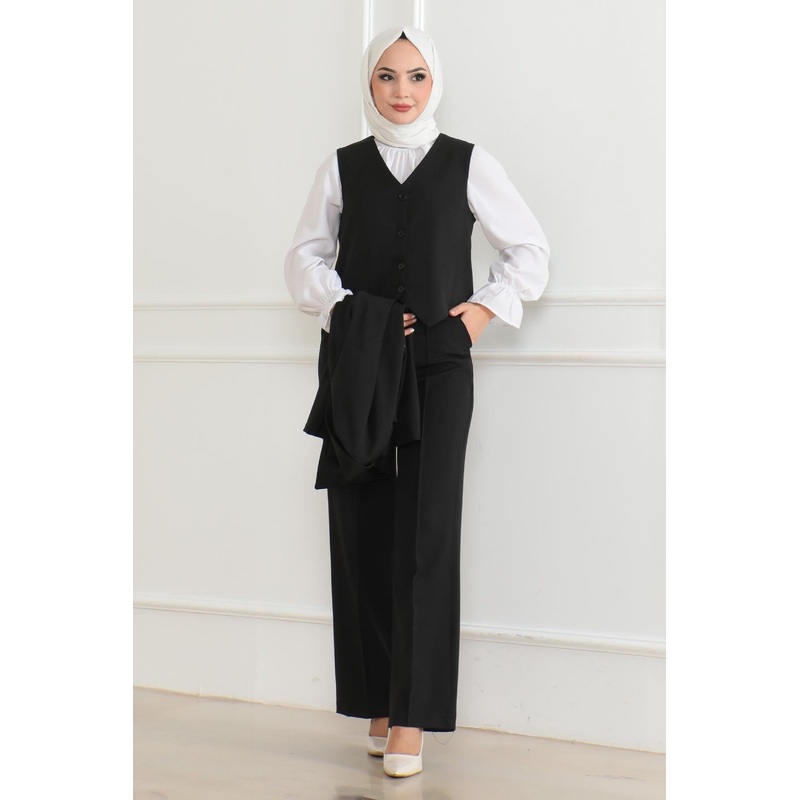 Vested Three-Piece Suit Black Msw19222-1