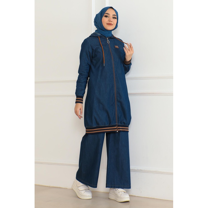 Zippered Ribbed Denim Suit Dark Blue 19363