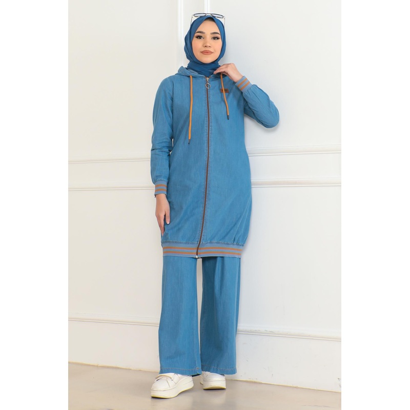 Zippered Ribbed Denim Suit Light Blue 19363