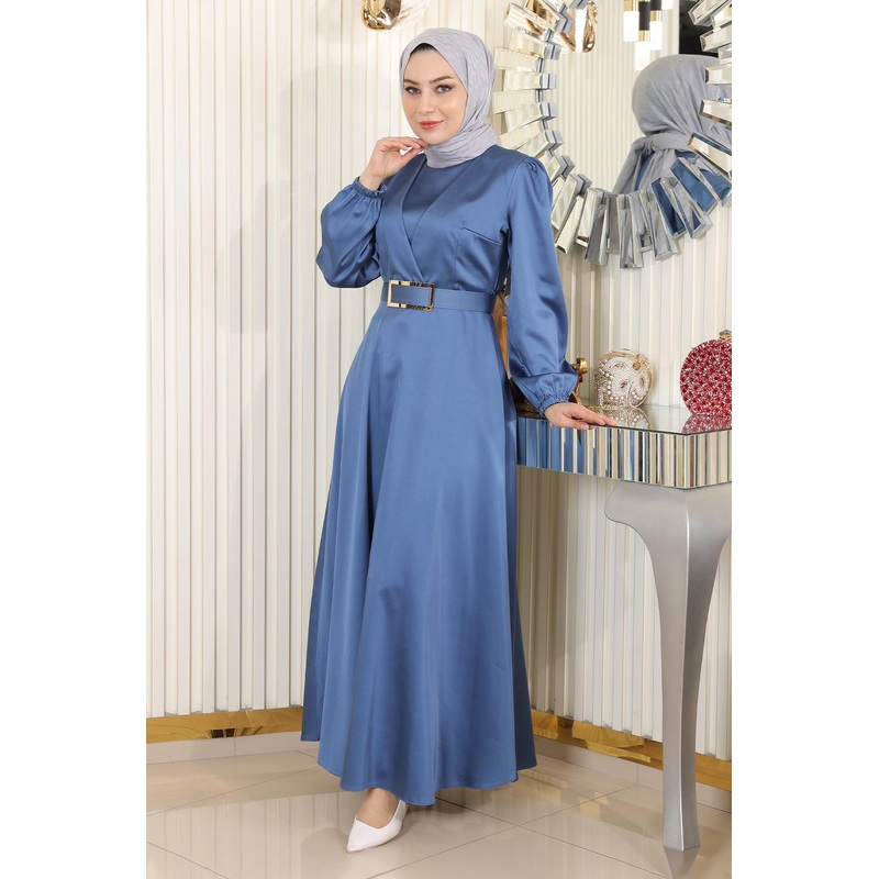 Belted Satin Evening Dress Blue 19191
