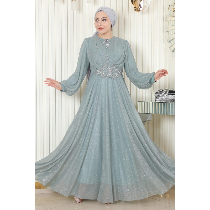 Draped Glitter Evening Dress With Pearl Details, Mint 19189