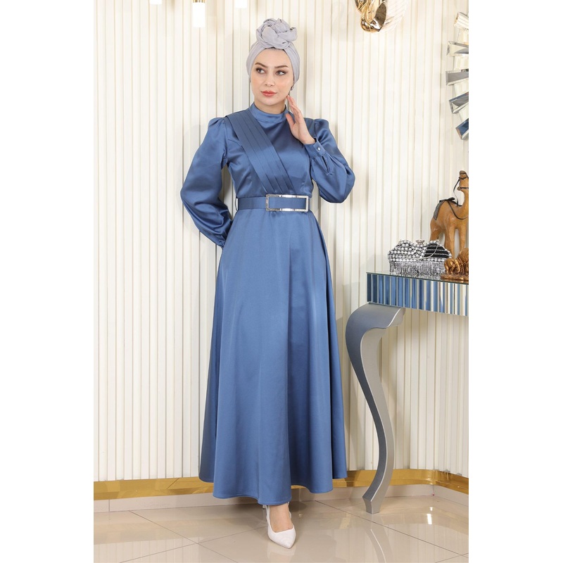 Draped Satin Evening Dress Blue 19192