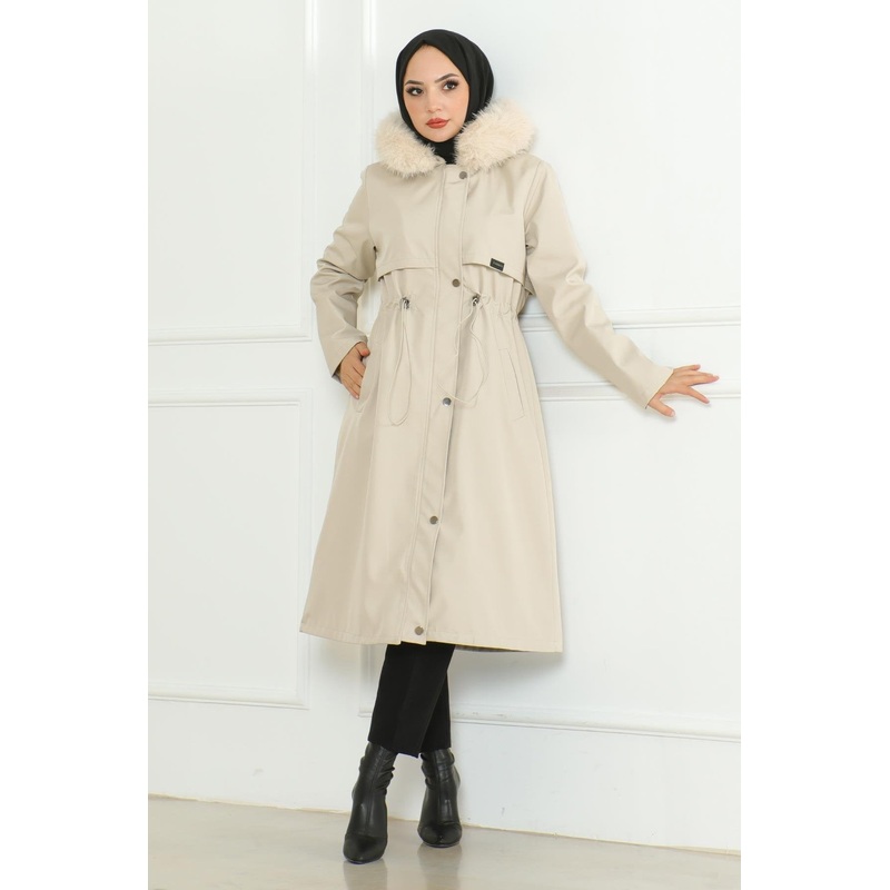 Hidden Zippered Hooded Coat Beige 19211