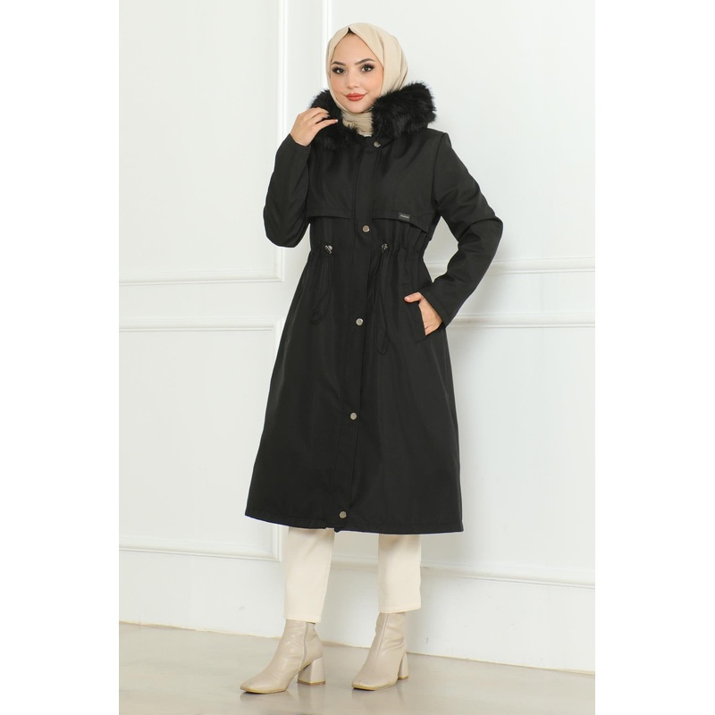 Hidden Zippered Hooded Coat Black 19211