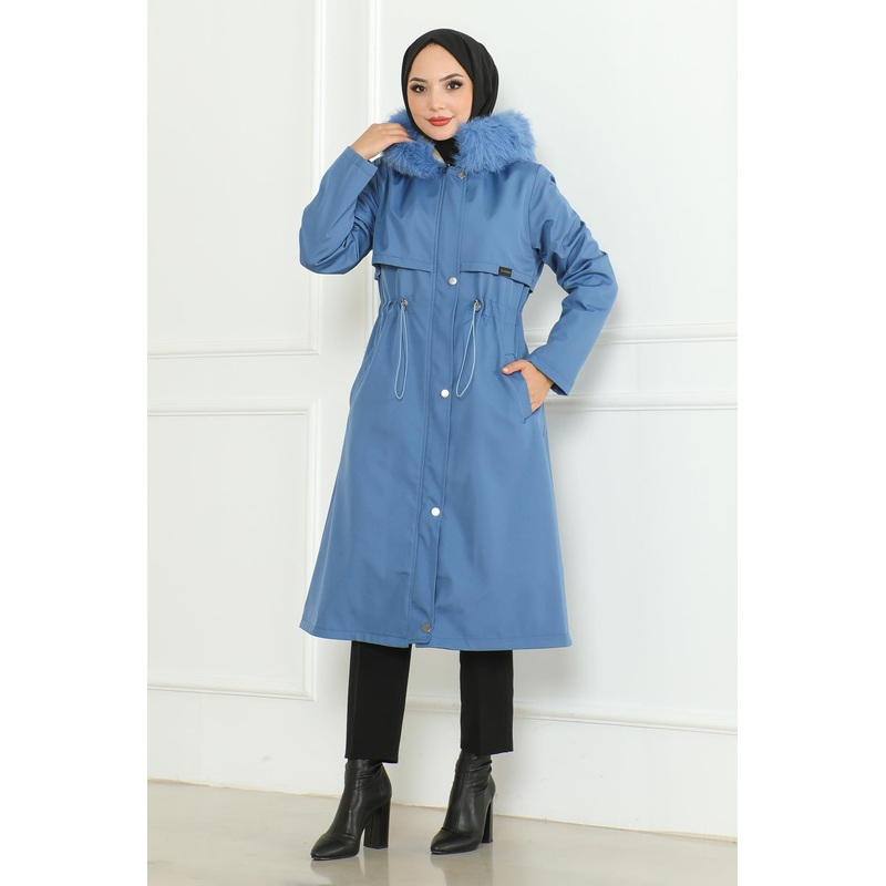 Hidden Zippered Hooded Coat Blue 19211