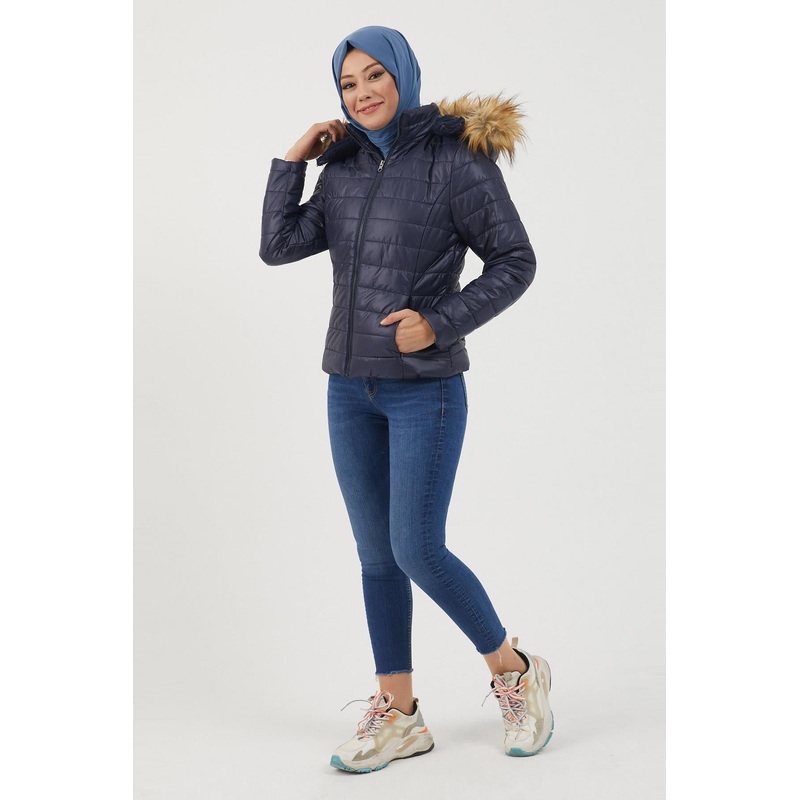Hooded Short Quilted Coat Navy Blue 12262