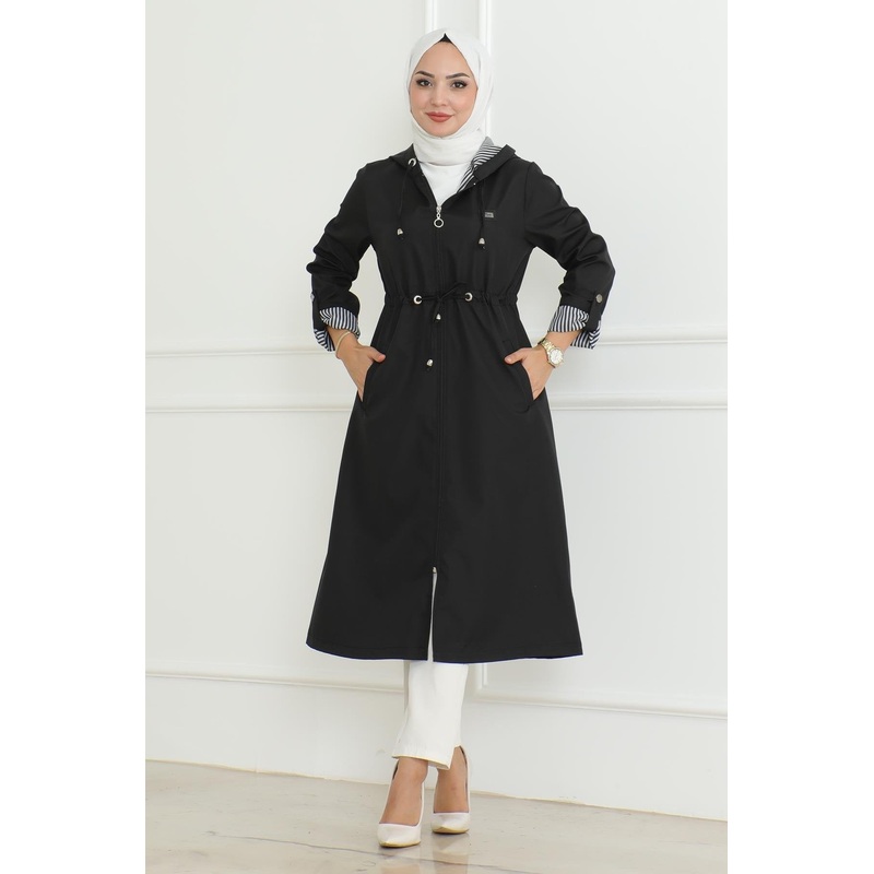 Hooded Zippered Trench Coat Black 19205