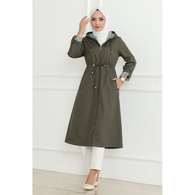 Hooded Zippered Trench Coat Khaki 19205