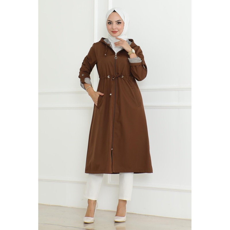 Hooded Zippered Trench Coat Tan 19205