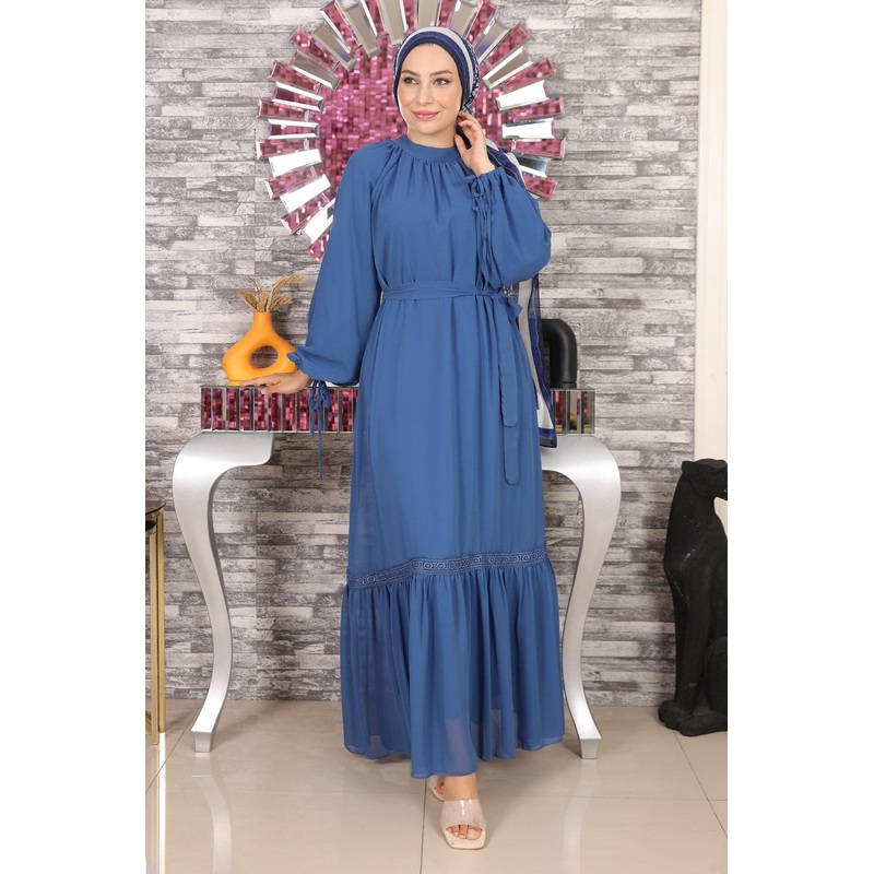 Lace Detailed Chiffon Evening Dress Blue 19143