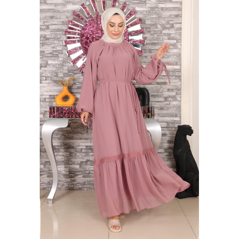 Lace Detailed Chiffon Evening Dress Dusty Rose 19143