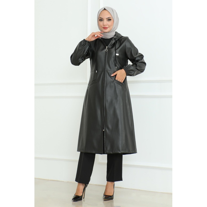 Leather Detailed Coat Black 19213