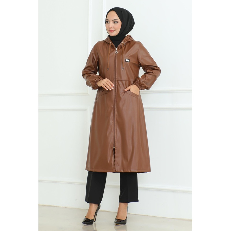 Leather Detailed Coat Tan 19213