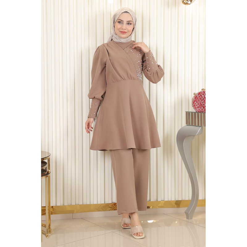 Pearled Two Piece Suit Mink 17801