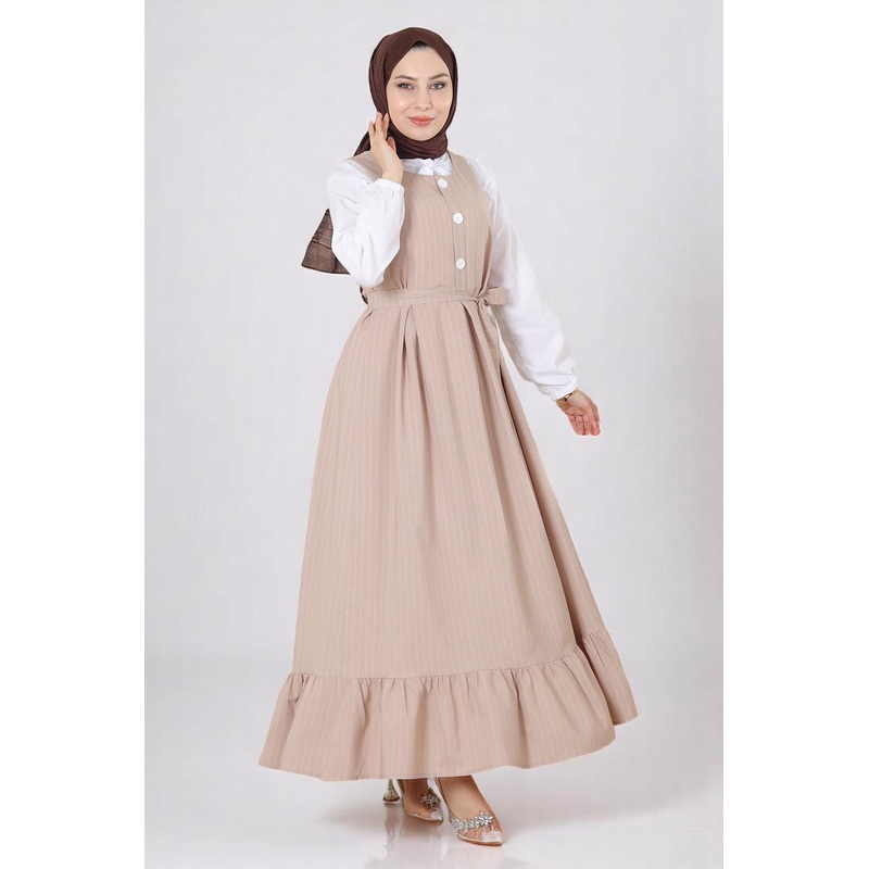 Pleated Skirt And Belted Vest Suit Beige 19221