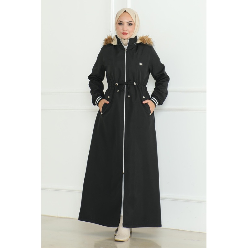 Ribbed Coat With Tie At Waist, Black 19215