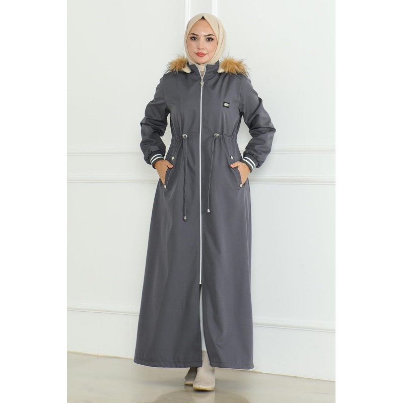 Ribbed Coat With Tie At Waist, Gray 19215