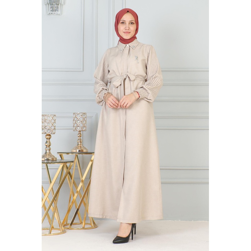 Stone Detailed Zippered Abaya Beige 19208