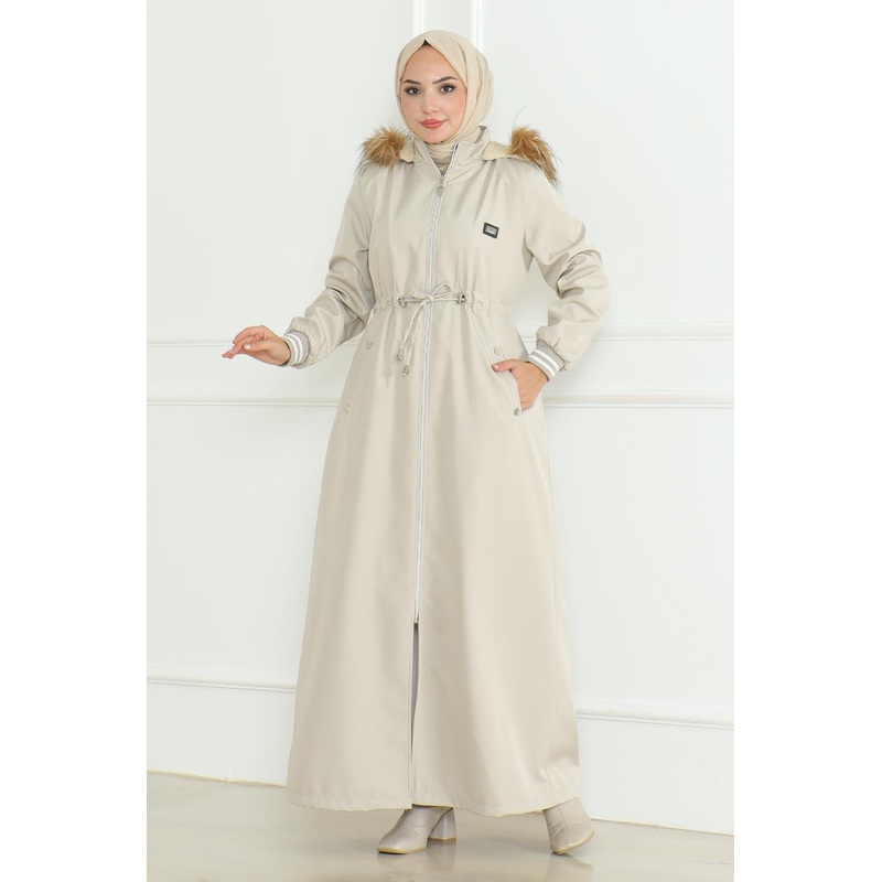 Tied Waist Ribbed Coat Beige 19215