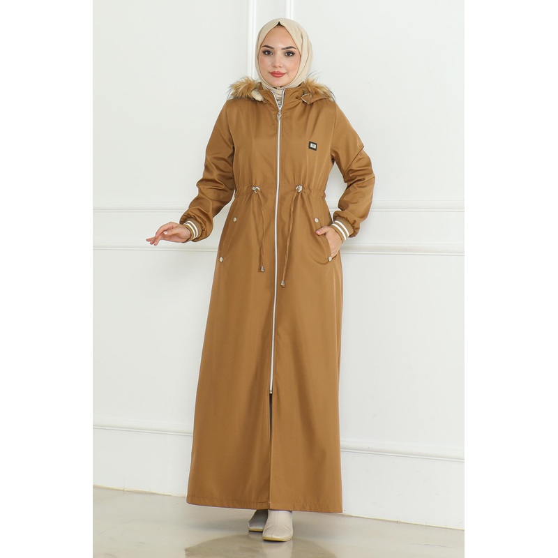 Tied Waist Ribbed Coat Tan 19215