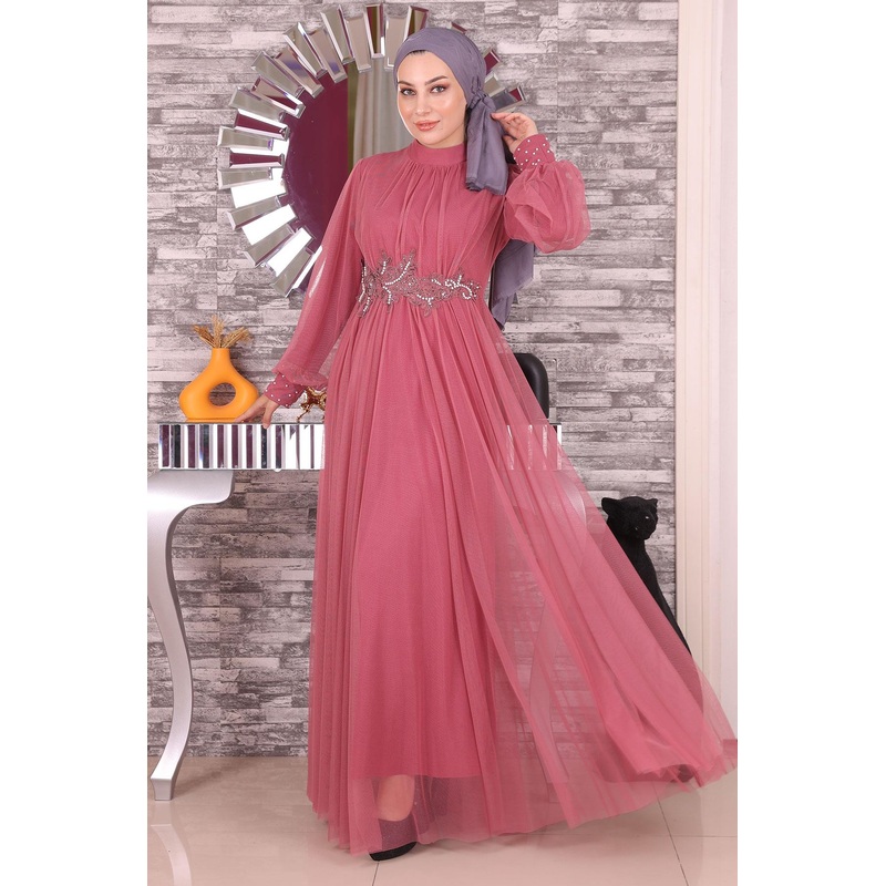 Tulle Evening Dress With Pearl Lace Detail, Dusty Rose 19199