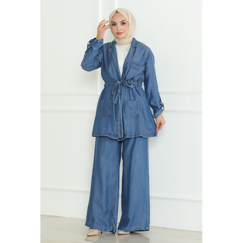 Waist-Tie Denim Suit Light Blue 19209