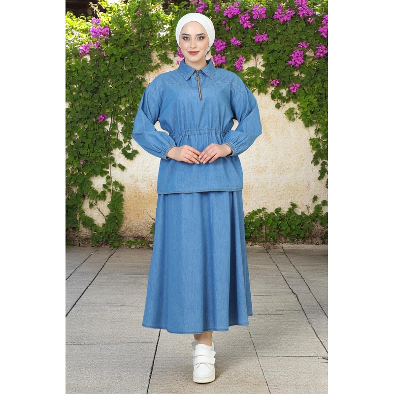 Waist Tie Detailed Skirted Denim Suit Light Blue 19198