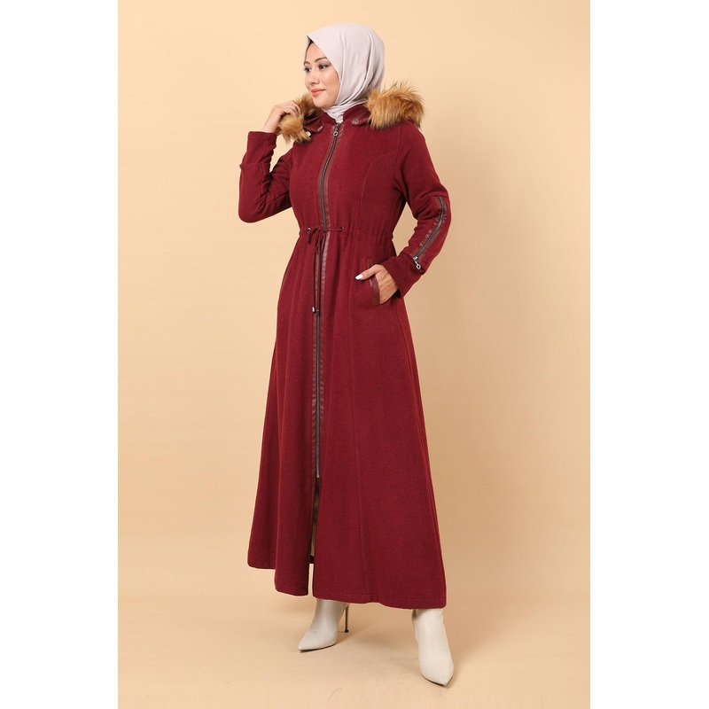 Zippered Leather Detailed Cashmere Coat Burgundy 12264