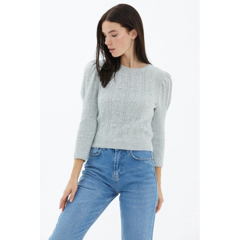 Balloon Sleeve Braided Knitwear Sweater - Gray