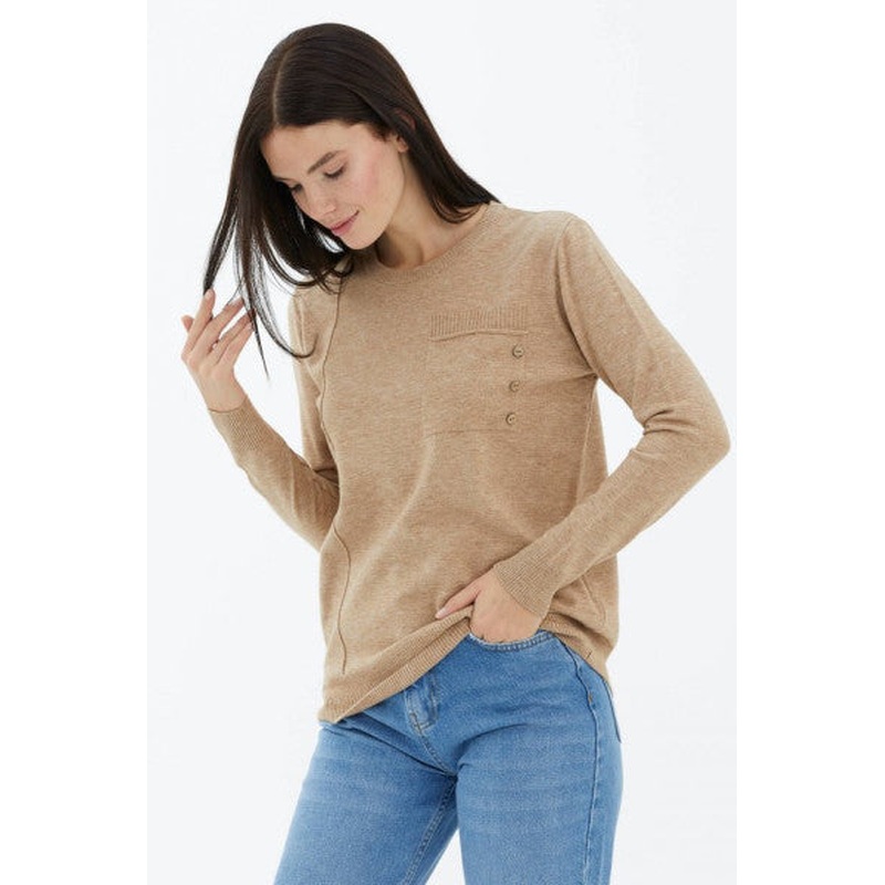 Crew Neck Pocket Buttoned Knitwear Sweater - Beige