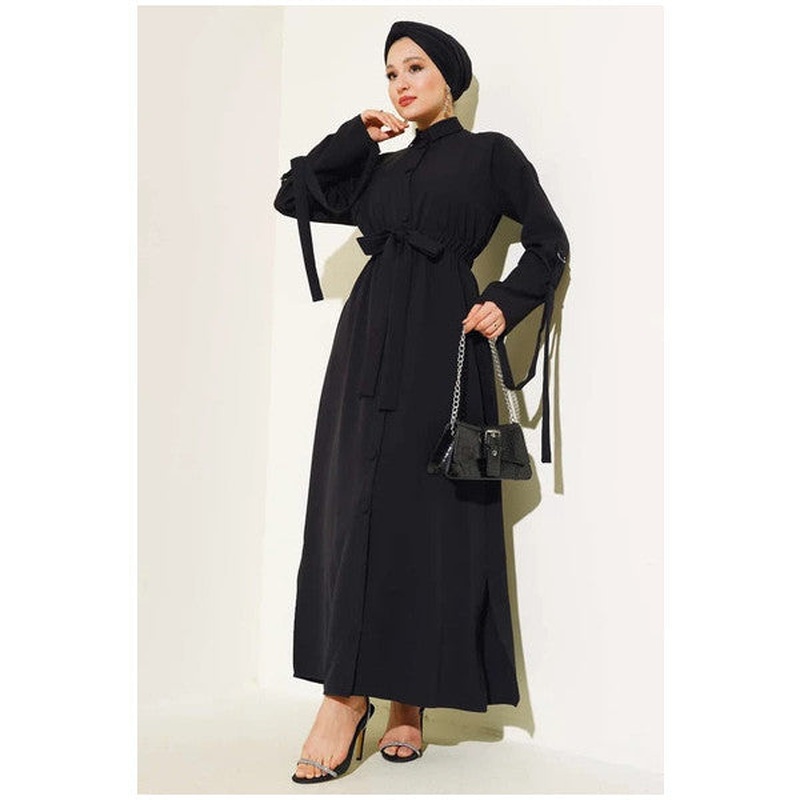 Elastic Waist Self Belted Dress Black