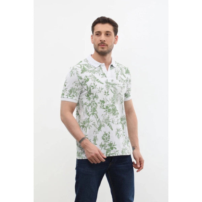 Men's Polo Neck Forest Patterned 100% Cotton T-Shirt