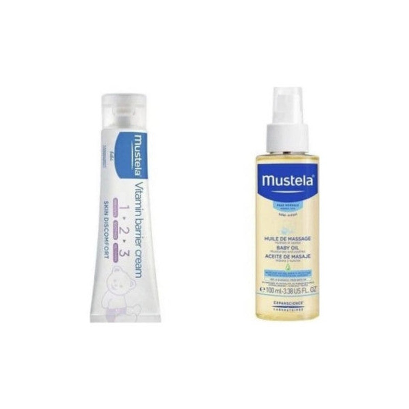 Mustela Baby Massage Oil 100 Ml - Moisturizing And Relaxing Baby Oil + Mustela Vitamin Barrier 1.2.3 Diaper Rash Cream 100 Ml