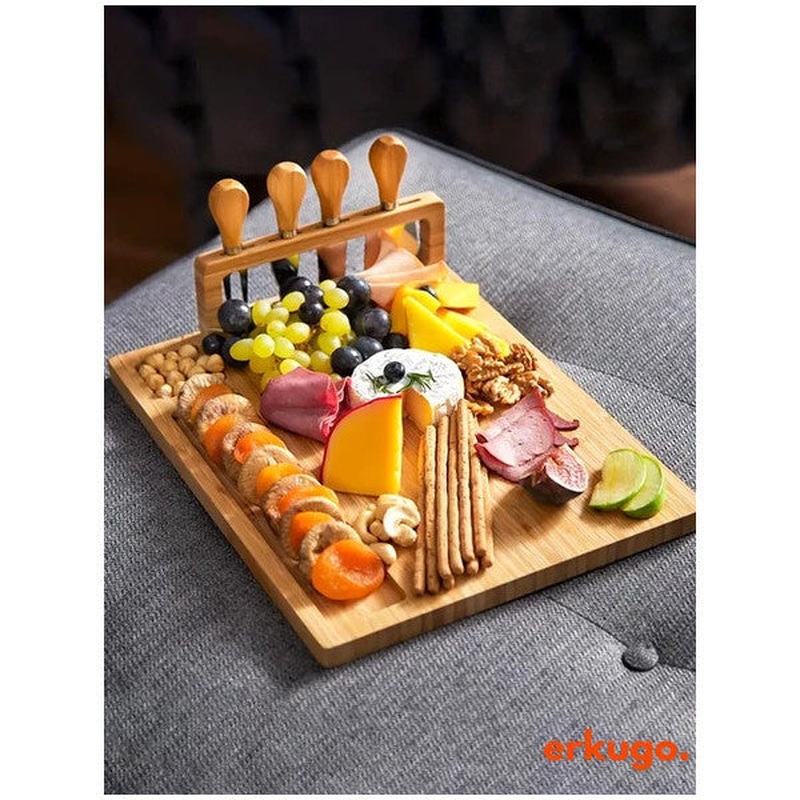 5 Piece Bamboo Cheese Serving Board And Fork - Spatula - Mini Spatula - Knife Set, Cheese Cutting Board, Presentation Set