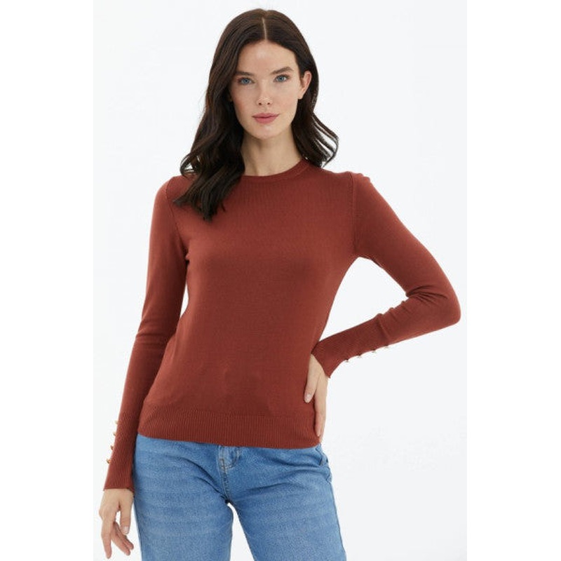 Crew Neck Sleeve Buttoned Knitwear Sweater - Tile