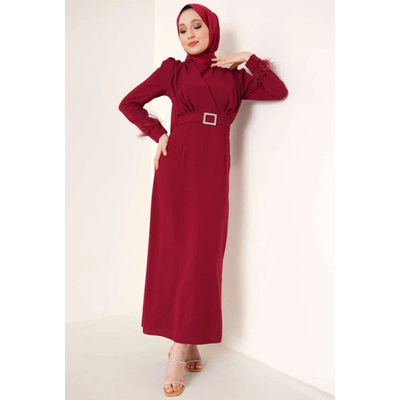 Feathered Sleeve Belted Dress Claret Red