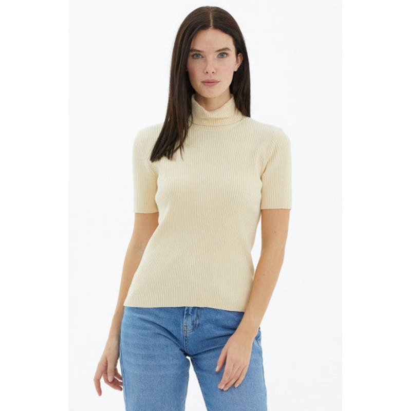 Full Turtleneck Short Sleeve Knitwear Sweater - Cream