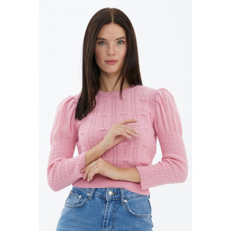 Balloon Sleeve Braided Knitwear Sweater - Pink