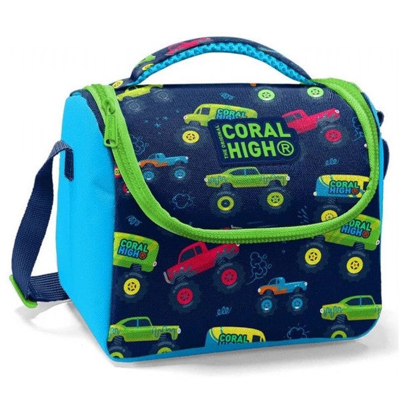 Coral High Boy Lunchbox - Navy Blue Green Trolley - Thermal Lined