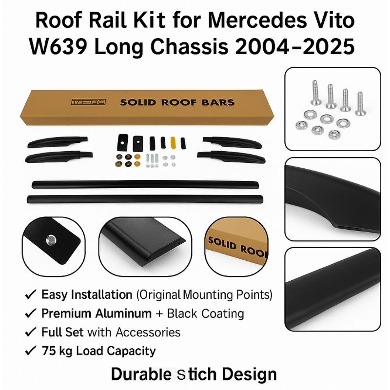 Roof Rail for Mercedes Vito/W639 Long Chassis 2004-2025 Black Solid Roof Rack
