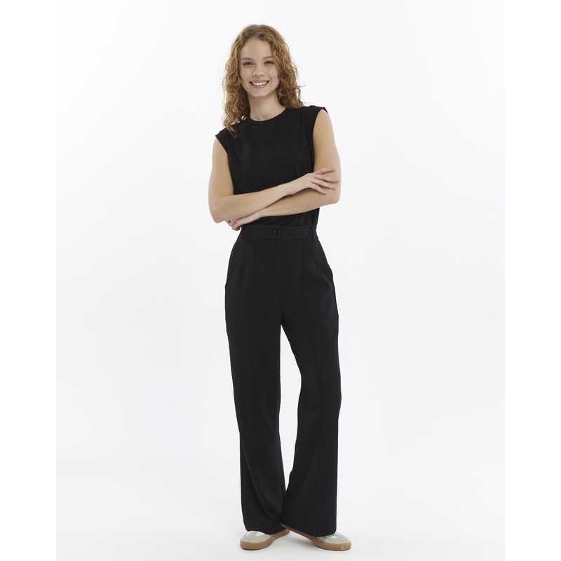 25010 Women's Double Crepe Grass Stitch Detailed Pocketed Palazzo Trousers Black