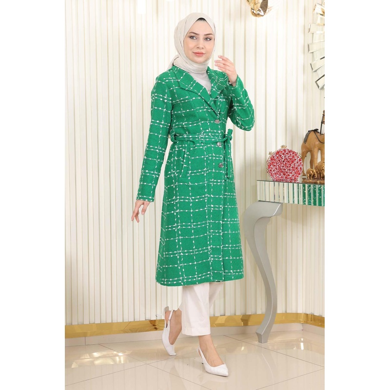 Belt Detailed Buttoned Cashmere Coat Emerald 19176