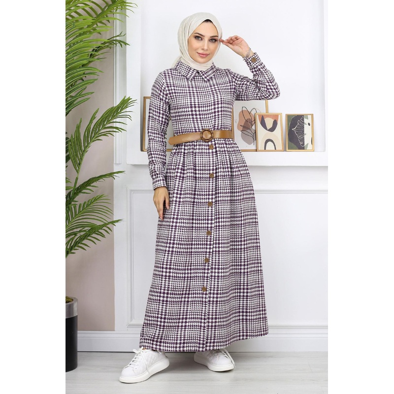 Button Detailed Dress Plum 19166