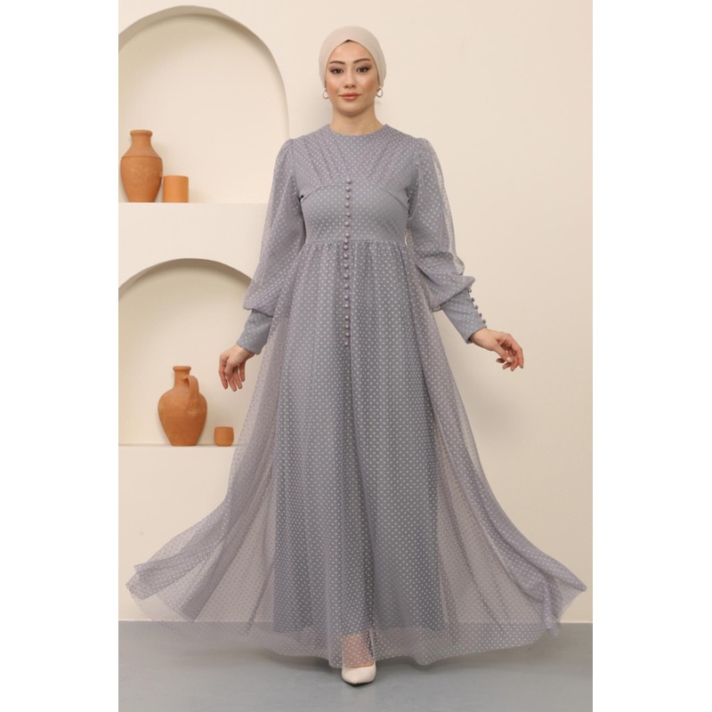 Button Detailed Tulle Evening Dress Gray 12237