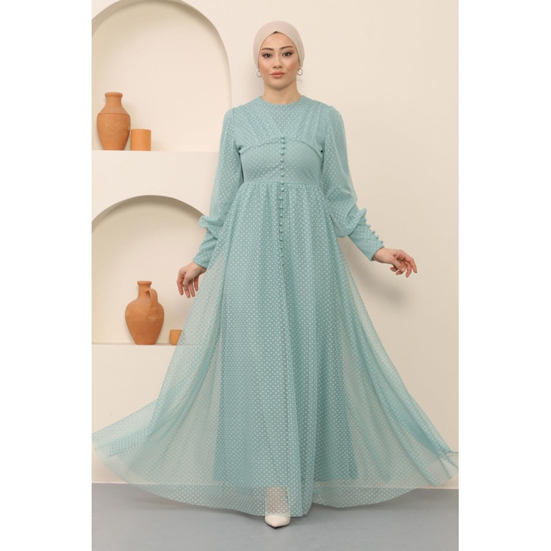 Button Detailed Tulle Evening Dress Mint 12237