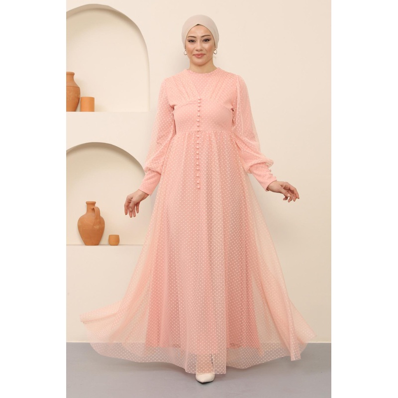 Button Detailed Tulle Evening Dress Powder 12237