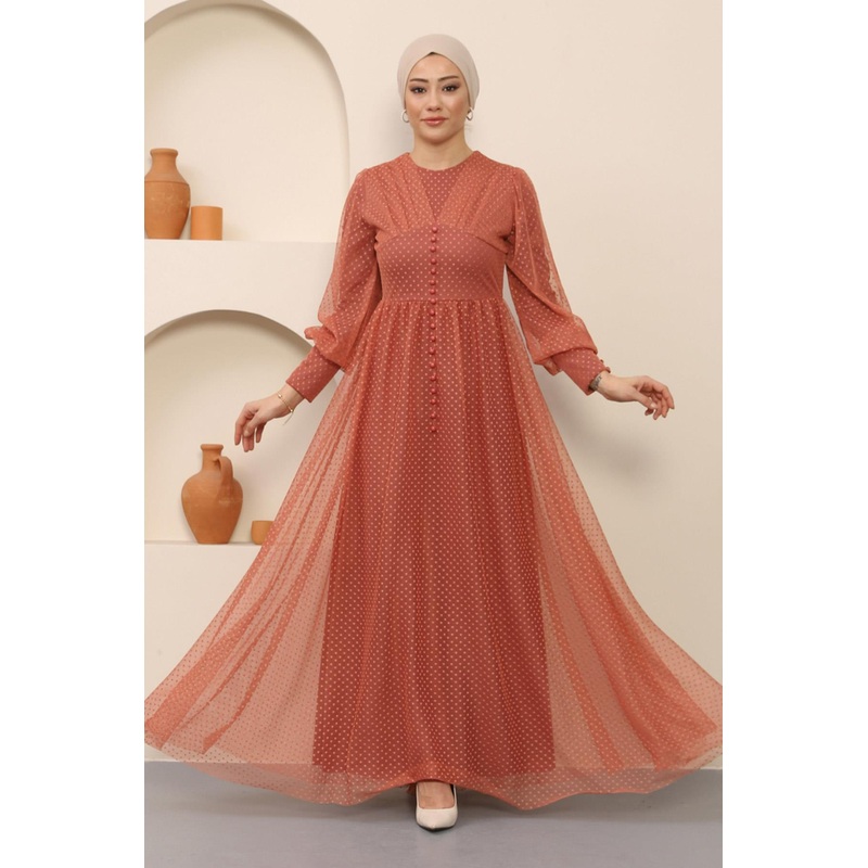 Button Detailed Tulle Evening Dress Salmon 12237