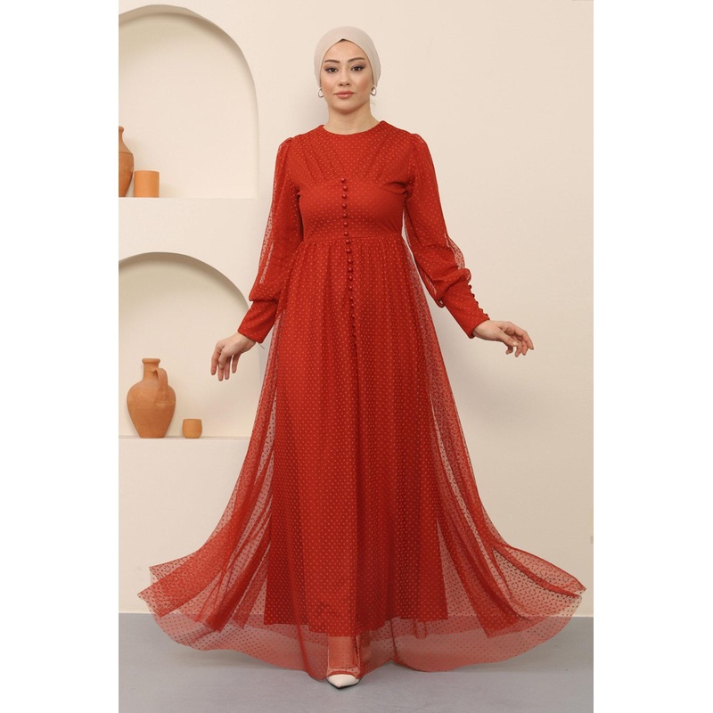 Button Detailed Tulle Evening Dress Tile 12237