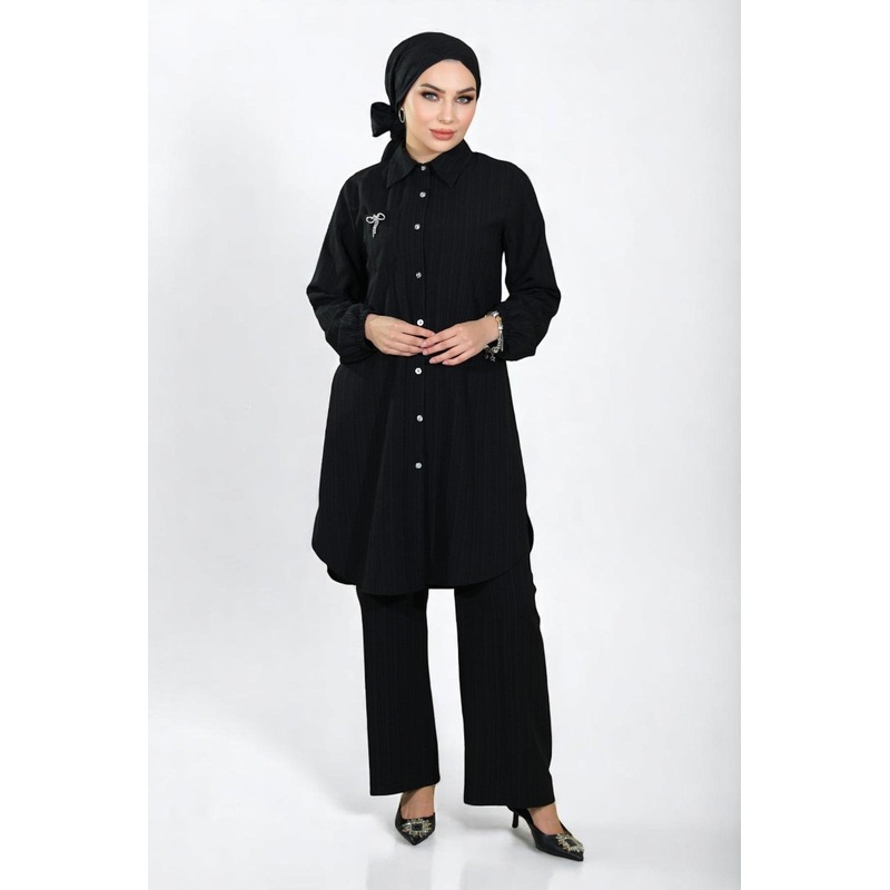 Buttoned Brooch Detailed Suit Black 19178