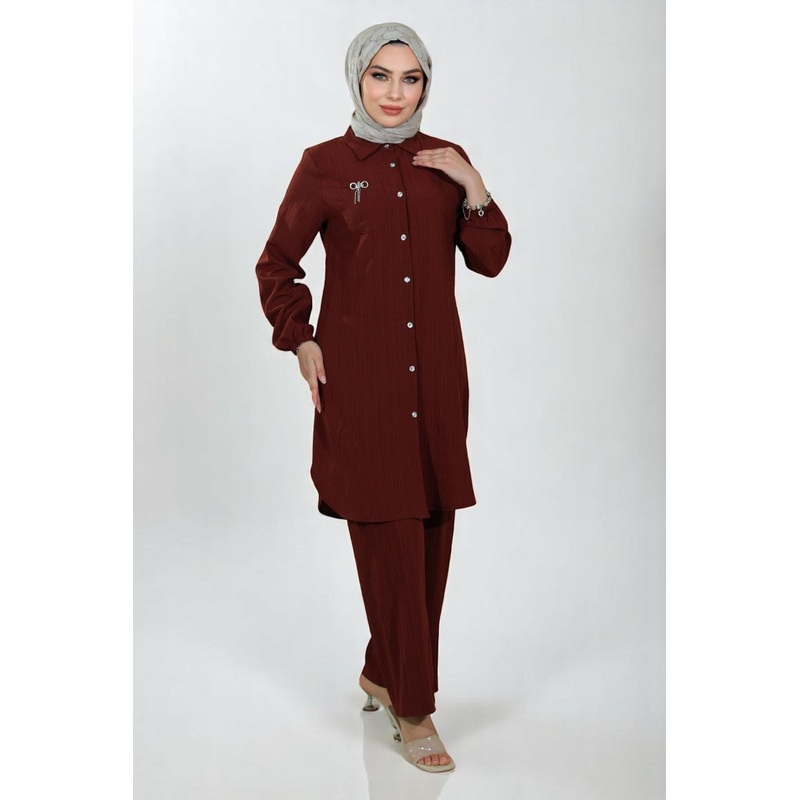 Buttoned Brooch Detailed Suit Brown 19178